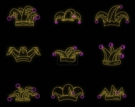 Illustration for Jester fools hat icons set. Outline illustration of 9 Jester fools hat vector icons neon color on black - Royalty Free Image