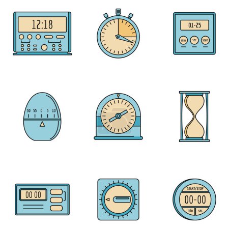 Illustration for Kitchen timer icons set. Outline illustration of 9 kitchen timer icons thin line color flat on white - Royalty Free Image