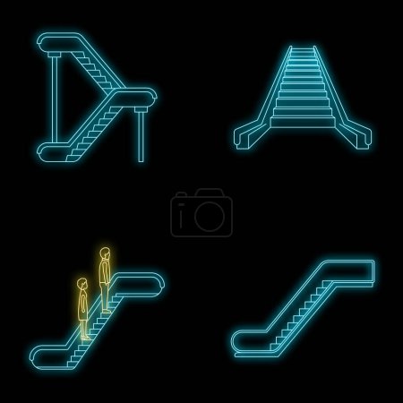 Illustration for Escalator elevator icons set. Outline illustration of 4 escalator elevator vector icons neon color on black - Royalty Free Image