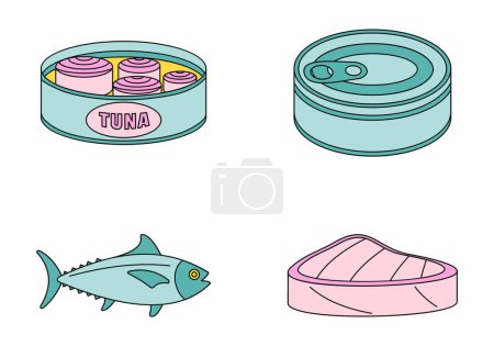 Illustration for Tuna fish can steak icons set. Outline illustration of 4 tuna fish can steak vector icons thin line color flat on white - Royalty Free Image
