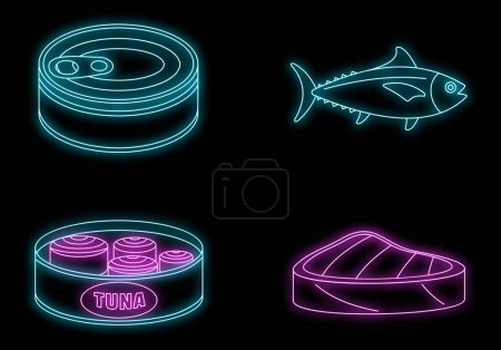 Illustration for Tuna fish can steak icons set. Outline illustration of 4 tuna fish can steak vector icons neon color on black - Royalty Free Image