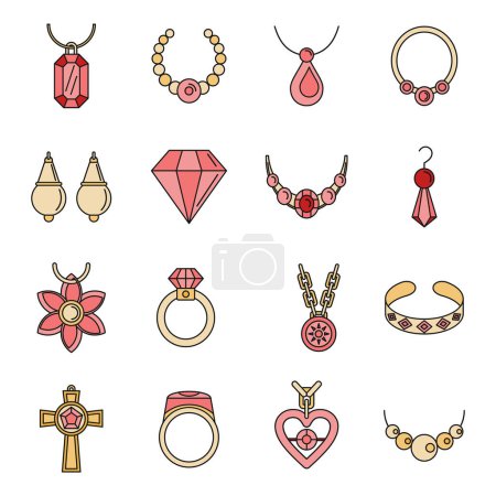 Illustration for Jewellery necklace luxury icons set. Outline illustration of 16 jewellery necklace luxury vector icons thin line color flat on white - Royalty Free Image