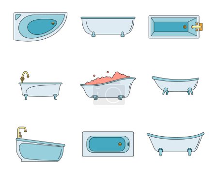Illustration for Bathtub interior icons set. Outline illustration of 9 bathtub interior vector icons thin line color flat on white - Royalty Free Image