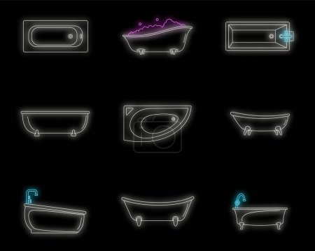 Illustration for Bathtub interior icons set. Outline illustration of 9 bathtub interior vector icons neon color on black - Royalty Free Image