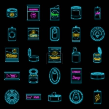 Illustration for Tin can food package jar icons set. Outline illustration of 25 tin can food package jar vector icons neon color on black - Royalty Free Image