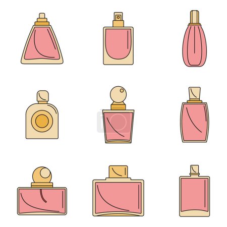Téléchargez les illustrations : Flacons parfum arôme saveur parfum icônes ensemble. Illustration contour de 9 flacons de parfum arôme parfum vecteur icônes fine ligne couleur plat sur blanc - en licence libre de droit