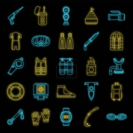 Illustration for Snorkeling supplies icon set. Outline set of snorkeling supplies vector icons neon color on black - Royalty Free Image