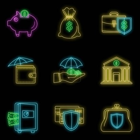 Illustration for Money deposit icon set. Outline set of money deposit vector icons neon color on black - Royalty Free Image