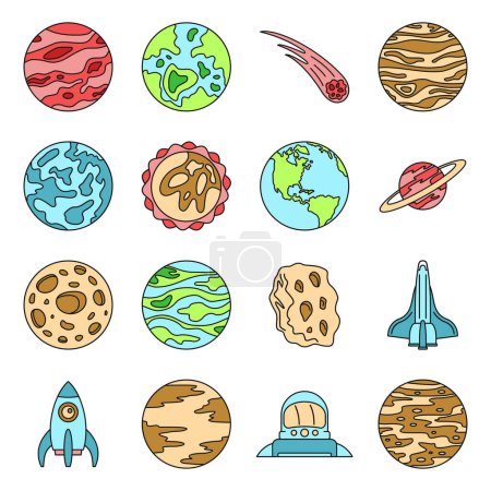 Illustration for Solar system planets icon set. Outline set of solar system planets vector icons thin line color flat on white - Royalty Free Image