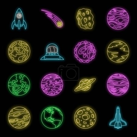 Illustration for Solar system planets icon set. Outline set of solar system planets vector icons neon color on black - Royalty Free Image