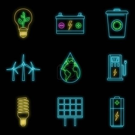 Téléchargez les illustrations : Ensemble d'icône d'économie d'énergie. Aperçu ensemble d'icônes vectorielles d'économie d'énergie couleur néon sur noir - en licence libre de droit