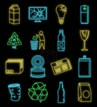 Téléchargez les illustrations : Le monde recycle l'icône du jour. Aperçu ensemble de monde recycle jour vecteur icônes couleur néon sur noir - en licence libre de droit