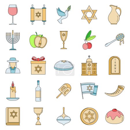 Téléchargez les illustrations : Ensemble icône de vacances Hanoukka. Aperçu ensemble d'icônes vectorielles de vacances hanukkah ligne mince couleur plate sur blanc - en licence libre de droit