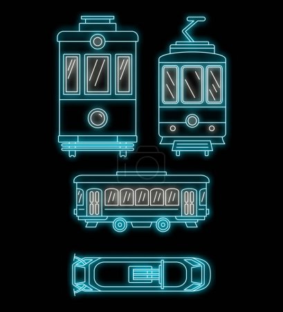 Illustration for Tramway icon set. Outline set of tramway vector icons neon color on black - Royalty Free Image