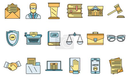 Illustration for Lawyer justice icons set. Outline set of lawyer justice vector icons thin line color flat on white - Royalty Free Image