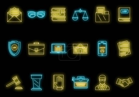 Illustration for Lawyer justice icons set. Outline set of lawyer justice vector icons neon color on black - Royalty Free Image