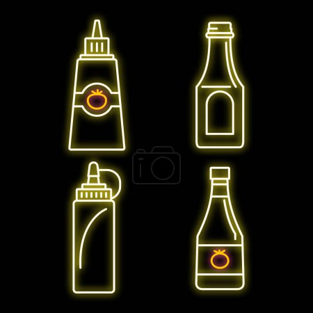 Illustration for Tomato ketchup icon set. Outline set of tomato ketchup vector icons neon color on black - Royalty Free Image