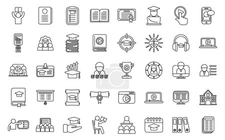 Illustration for Professional development of teachers icons set outline vector. Webinar laptop. Personal online school - Royalty Free Image
