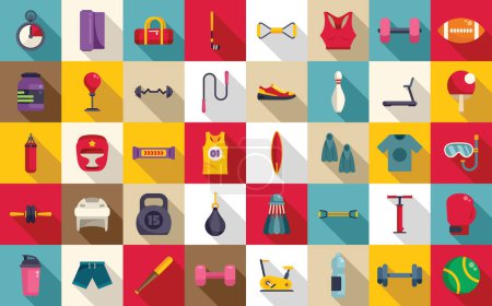 Illustration for Sporting goods store icons set flat vector. Sport shop store. Sportswear interior online - Royalty Free Image