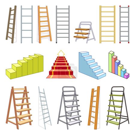 Ilustración de Escalera iconos conjunto vector de dibujos animados. Escaleras de pie de metal. Palo escape subida - Imagen libre de derechos