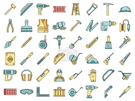 Masonry worker construction icon set. Outline set of masonry worker construction vector icons thin line color flat on white