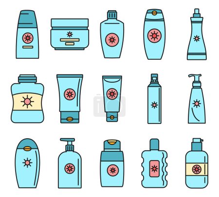 Illustration for Sunscreen bottle icon set. Outline set of sunscreen bottle vector icons thin line color flat on white - Royalty Free Image