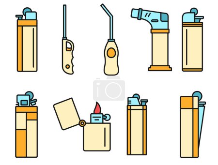 Illustration for Flame cigarette lighter icons set. Outline set of flame cigarette lighter vector icons thin line color flat on white - Royalty Free Image
