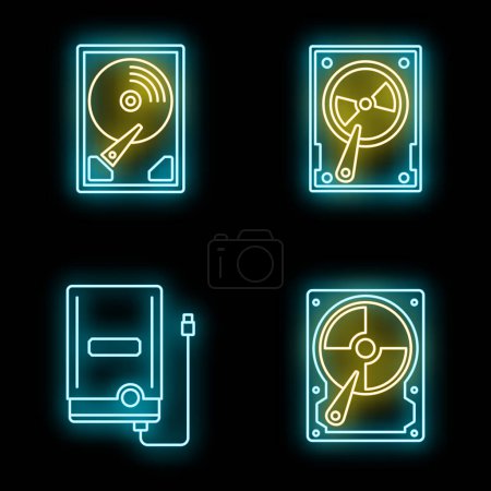 Illustration for Flame cigarette lighter icons set. Outline set of flame cigarette lighter vector icons neon color on black - Royalty Free Image