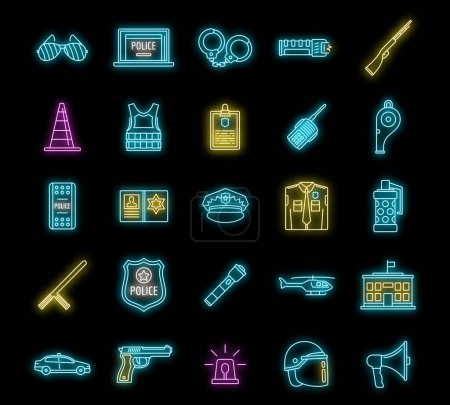Illustration for Police equipment element icons set. Outline set of police equipment element vector icons neon color on black - Royalty Free Image