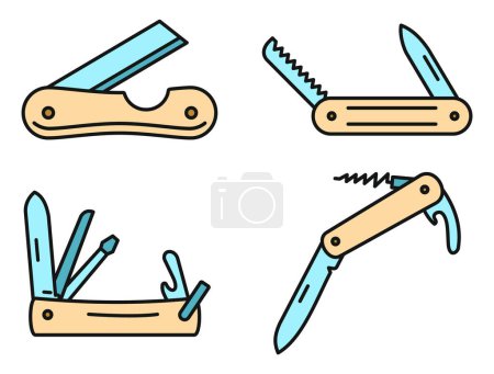 Illustration for Multifunction penknife icons set. Outline set of multifunction penknife vector icons thin line color flat on white - Royalty Free Image