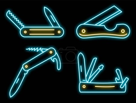 Illustration for Multifunction penknife icons set. Outline set of multifunction penknife vector icons neon color on black - Royalty Free Image