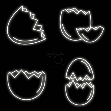 Illustration for Broken eggshell icons set. Outline set of broken eggshell vector icons neon color on black - Royalty Free Image