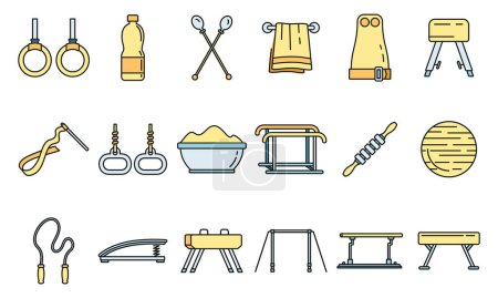 Illustration for Modern gymnastics equipment icons set. Outline set of modern gymnastics equipment vector icons thin line color flat on white - Royalty Free Image