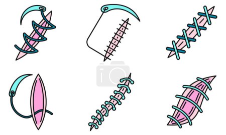 Medizinische Nahtsymbole gesetzt. Umrisse Set von medizinischen Nahtvektorsymbolen dünne Linie Farbe flach auf weiß