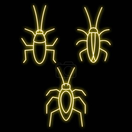 Kakerlakenkäfer-Symbole gesetzt. Umriss Satz von Schabe Bug Vektor Symbole Neon-Farbe auf schwarz