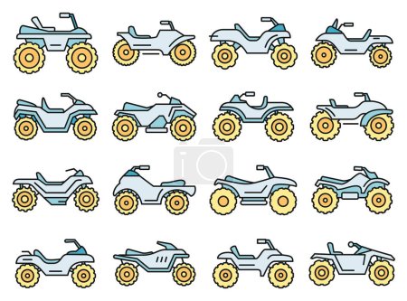 Téléchargez les illustrations : Ensemble d'icônes de vélo quad sport. Aperçu ensemble d'icônes vectorielles de vélo quad sport ligne mince couleur plat sur blanc - en licence libre de droit