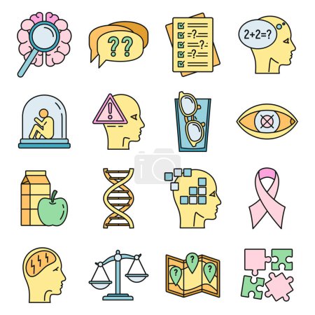 Illustration for Aging alzheimer disease icons set. Outline set of aging alzheimer disease vector icons thin line color flat on white - Royalty Free Image