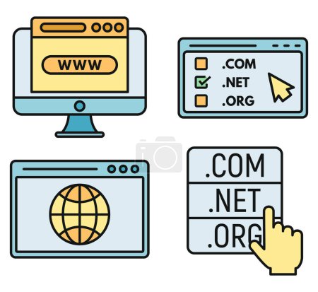 Web-Domain-Symbole gesetzt. Umrisse von Webdomänenvektorsymbolen dünne Linie Farbe flach auf weiß