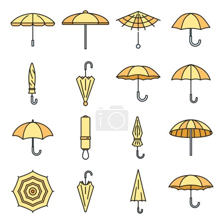 Regenschirm-Symbole gesetzt. Umrisse Satz Regenschirm Vektor Symbole dünne Linie Farbe flach auf weiß