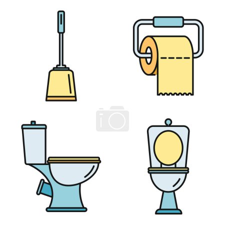 Ilustración de Baño conjunto de iconos de aseo. Conjunto de esquema de los iconos de vectores de inodoro de baño de línea delgada de color plano en blanco - Imagen libre de derechos