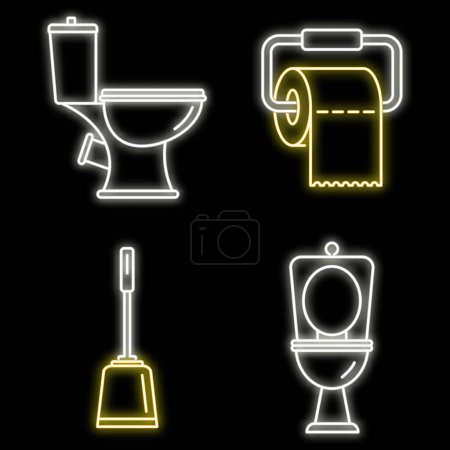 Ilustración de Baño conjunto de iconos de aseo. Conjunto de contorno de inodoro baño vector iconos de color neón en negro - Imagen libre de derechos