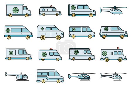 Ilustración de Conjunto de iconos de ambulancia de rescate. Conjunto de contorno de rescate ambulancia vector iconos delgada línea de color plano en blanco - Imagen libre de derechos