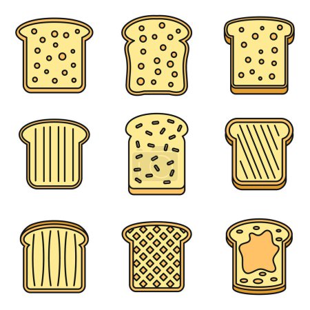 Téléchargez les illustrations : Ensemble d'icônes au beurre grillé. Aperçu ensemble d'icônes vectorielles de beurre grillé mince ligne de couleur plate sur blanc - en licence libre de droit