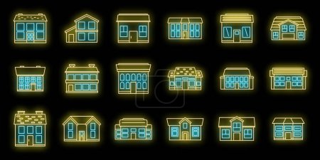 Illustration for Cottage house icons set. Outline set of cottage house vector icons neon color on black - Royalty Free Image