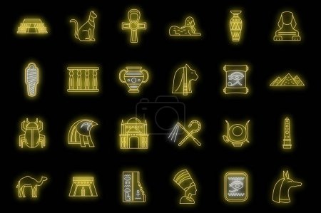 Egipto iconos de viaje conjunto. Conjunto de contorno de Egipto vector de viaje iconos de color neón en negro