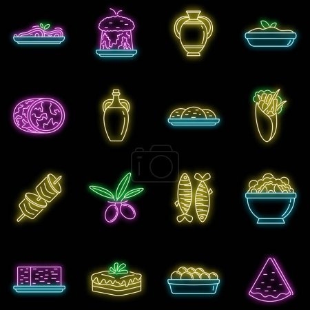Téléchargez les illustrations : Cuisine grecque icônes de la nourriture ensemble. Aperçu ensemble d'icônes vectorielles de la cuisine grecque couleur néon sur noir - en licence libre de droit