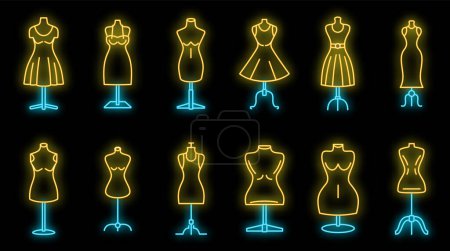 Illustration for Mannequin atelier icons set. Outline set of mannequin atelier vector icons neon color on black - Royalty Free Image