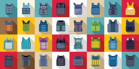 Illustration for Bulletproof vest icons set flat vector. Armor body. Vest military protection - Royalty Free Image