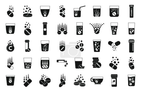 Téléchargez les illustrations : Les icônes des comprimés effervescents définissent un vecteur simple. Pilule d'eau. Coupe drogue aspirant - en licence libre de droit