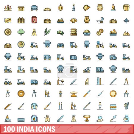 Téléchargez les illustrations : Ensemble de 100 icônes indiennes. Ensemble de lignes de couleurs d'icônes vectorielles de l'Inde couleur de ligne mince à plat sur blanc - en licence libre de droit